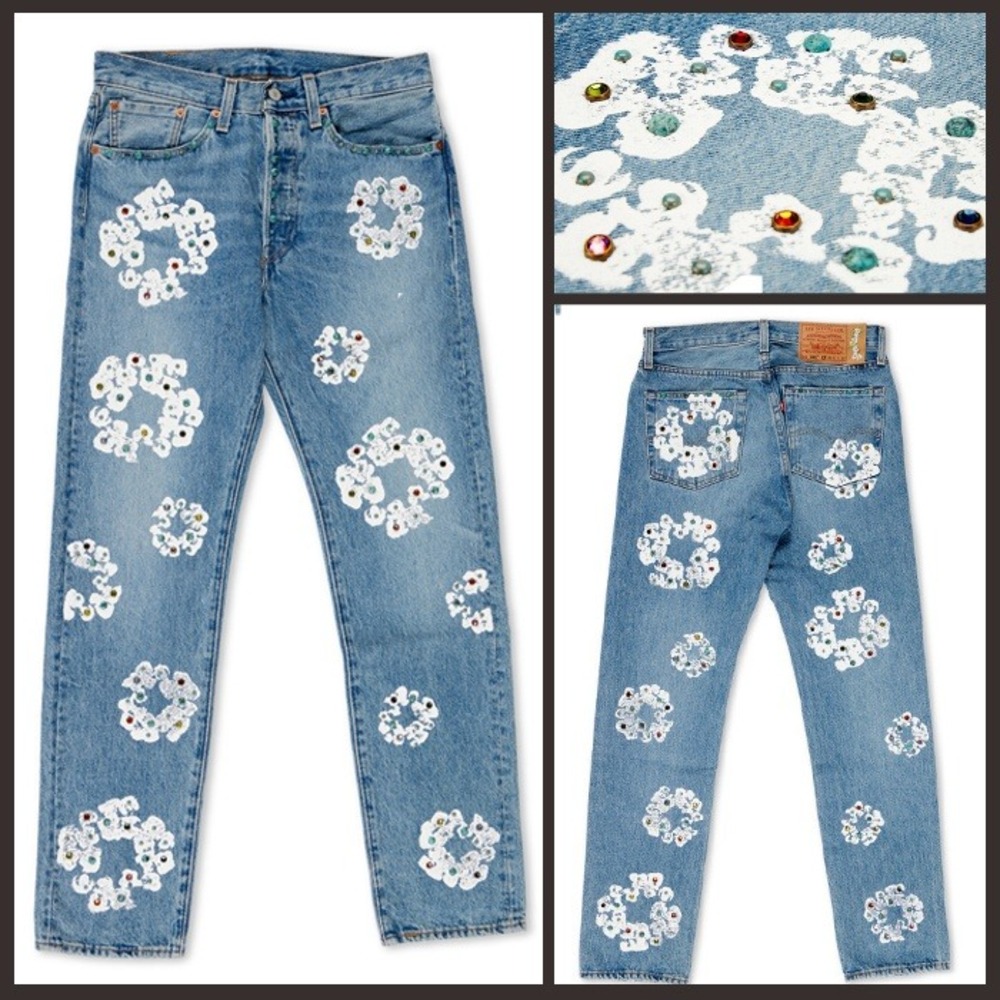 Denim Tears x Levi's 501 Cotton Rhinestone Wreath Jeans Indigo Size 30 x 32